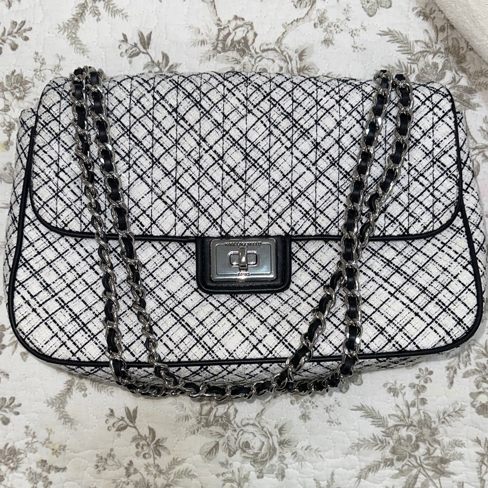Karl Lagerfeld Black and White Chain Shoulder Bag